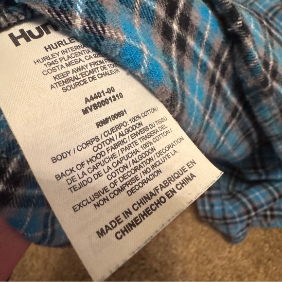 Hurley Hoodie Mens XL Blue Plaid Check Long Sleeve Button Up Casual - Picture 10 of 10
